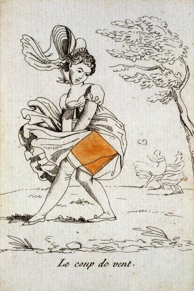 Alte Spielkarte: Ass der Karo - „Der Windstoß“ hebt den Rock einer Frau. Musée de la Carte à Jouer, Issy-les-Moulineaux von School French