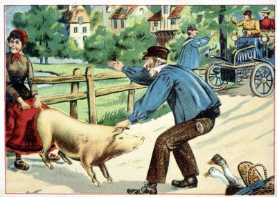 Schwein, das sich weigert vorwärts zu gehen und einem Auto den Weg versperrt - Zeichnung von School French