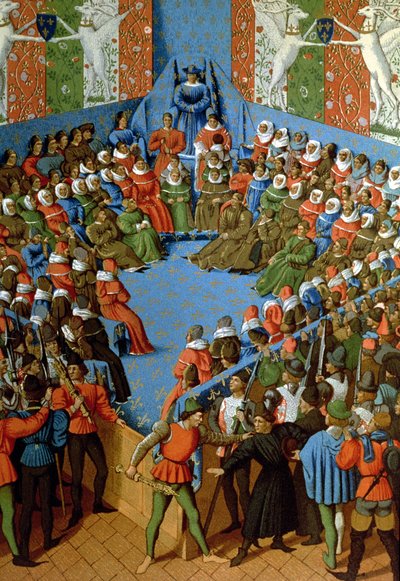 Urteil über Jean, Herzog von Alençon, beschuldigt, mit den Engländern gegen die Franzosen konspiriert zu haben, Faksimile eines Manuskripts aus dem 15. Jahrhundert von Jean Fouquet von School French