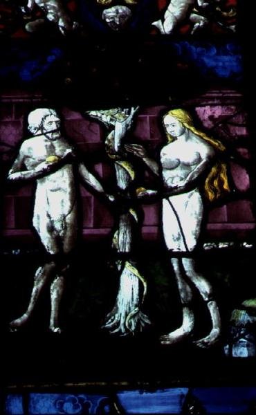 Fenster mit Darstellung von Adam und Eva und der Schlange von School French