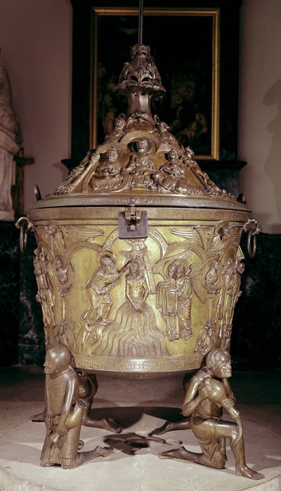 Taufbecken mit einem Reliefpanel der Taufe Christi, getragen von vier knienden Figuren, die die Flüsse des Paradieses darstellen, deutsch, ca. 1225-30 (Bronze) von School German