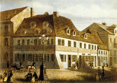 Geburtsort des Komponisten Robert Schumann in Zwickau, Sachsen (Farbstich) von School German