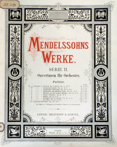 Titelblatt der Partitur "Ouverture Op. 10 für Orchester" von Felix Mendelssohn (Farblithografie) von School German