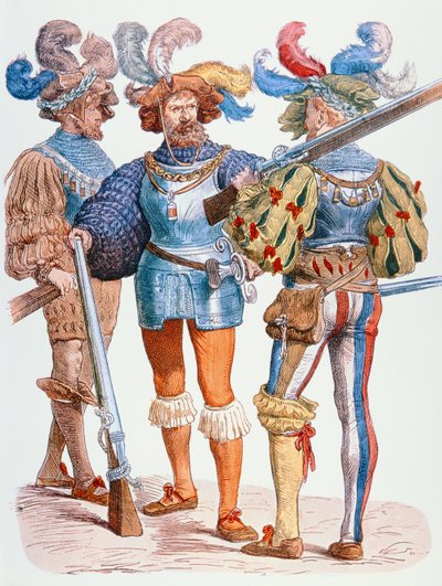Deutsche Soldaten des 16. Jahrhunderts, bewaffnet mit Luntenschlossmusketen von School German