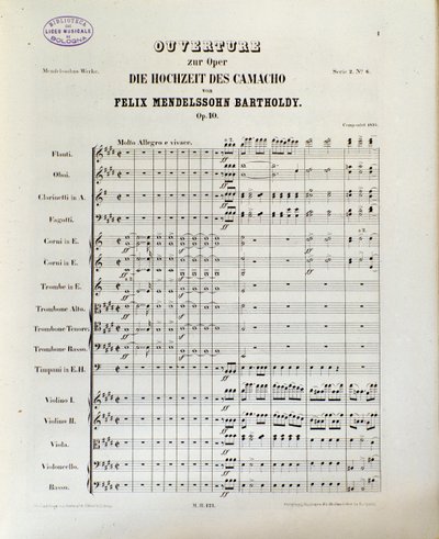 Partitur von "Die Hochzeit des Camacho" von Felix Mendelssohn von School German
