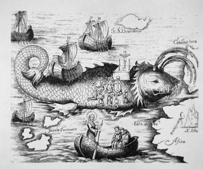 St. Brendan feiert Messe auf dem Rücken eines riesigen Fisches zwischen den Kanarischen Inseln und der mythischen Insel St. Brandano von School German