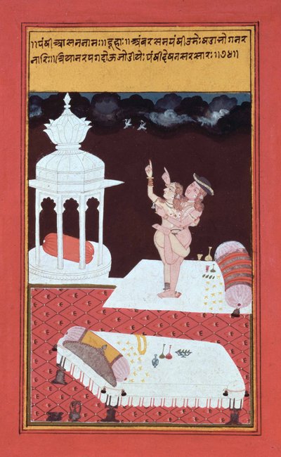 Perückenbewehrte Europäer machen Liebe auf einer hohen Terrasse und beobachten ein Paar weiße Reiher, die gegen die drohenden Monsunwolken davonfliegen, Rajasthan von School Indian