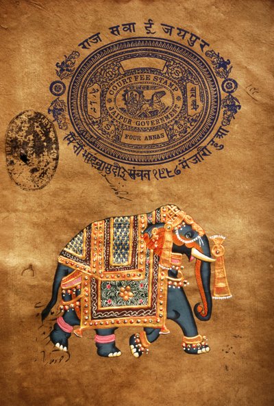 Elefant, handgemalte Malerei & altes Stempelpapier, Jaipur, Rajasthan, Indien von School Indian