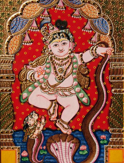 Emboss Lord Bal Krishna Tanjore Malerei von School Indian
