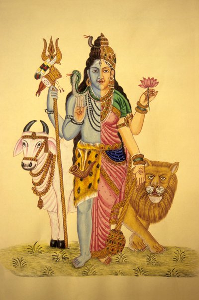 Gott Shiva in Ardnarees Wear Roop, Miniaturmalerei auf Papier von School Indian