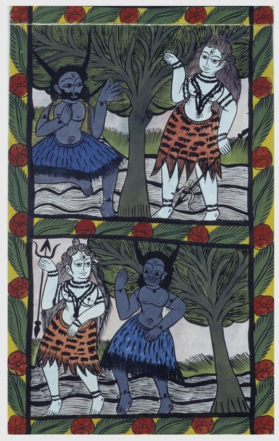 Kama, Gott der Begierde, schickt einen Liebespfeil zu Shiva in Meditation, um sich mit Parvati zu vereinen. Pat: bemalte Rolle aus der Region Bengalen, dient als Erzählmedium für die Sänger Baoul (Baul). Leonard de Selva Privatsammlung. von School Indian