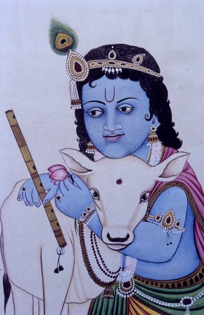 Lord Bal Krishna mit Kuh in Miniaturmalerei auf Papier von School Indian