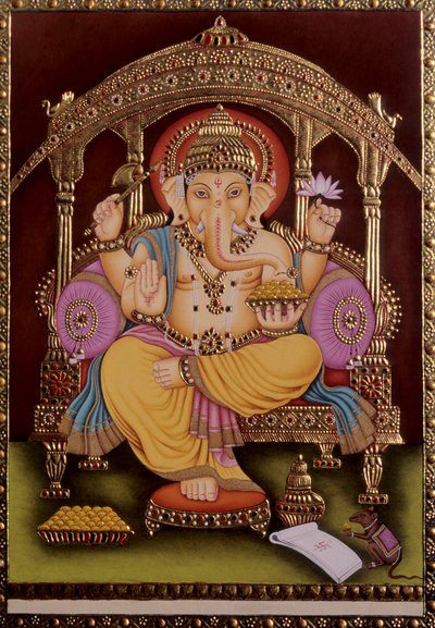 Lord Ganesh Ganpati Miniaturmalerei auf Papier mit Goldprägung von School Indian