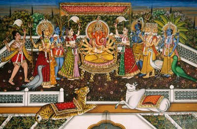 Lord Ganesh mit Brahma, Vishnu, Shiva, Durga, Miniaturmalerei auf Papier von School Indian