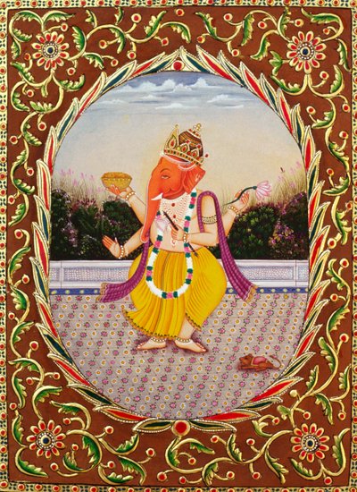 Herr Ganesha Ganpati Miniaturmalerei auf Papier mit Stickerei von School Indian