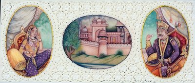 Miniaturmalerei des Mogulkaisers Bahadur Shah Zafar mit Ehefrau Zeenat Mahal von School Indian