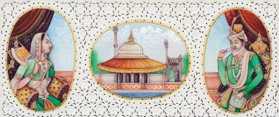 Miniaturmalerei des Mogulkaisers Humayun mit Ehefrau Jhanvi von School Indian