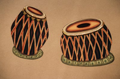 Miniaturmalerei auf Papier, indisches klassisches Musikinstrument Tabla von School Indian