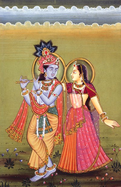 Gemälde von Gott Krishna und ihrer größten Verehrerin Radha, Indien von School Indian