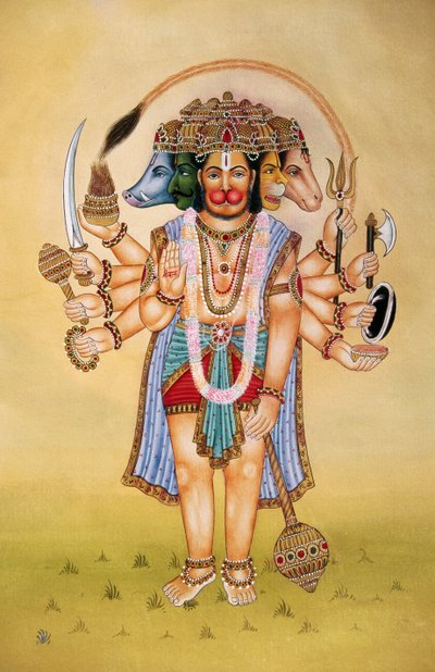 Panchmukhi Lord Hanuman Miniaturmalerei auf Papier von School Indian