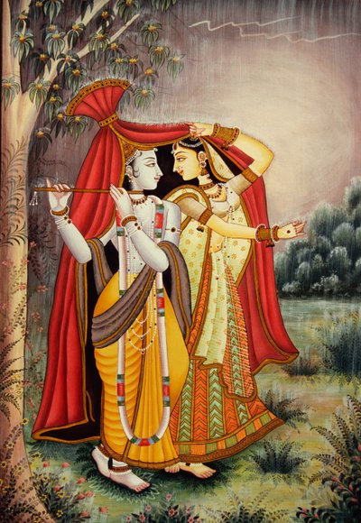 Radha Krishna Miniaturmalerei im Monsun auf Papier von School Indian