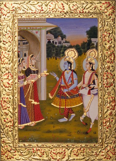 Radha Krishna Miniaturmalerei auf Papier mit Goldprägung von School Indian
