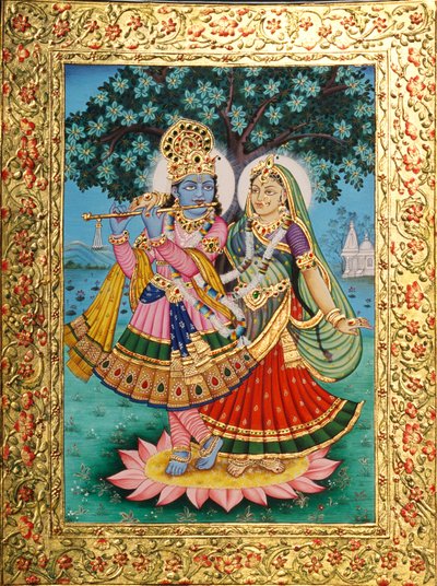 Radha Krishna Miniaturmalerei auf Papier mit Goldprägung von School Indian