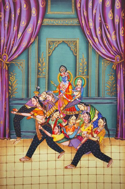 Radha Krishna mit Sakhis Miniaturmalerei auf Papier von School Indian