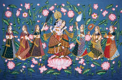 Radha Krishna mit Sakhis Miniaturmalerei auf Papier von School Indian