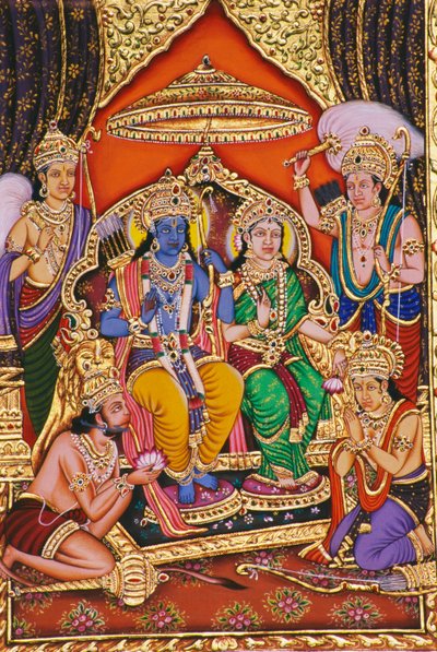 Ram Darbar Miniaturmalerei auf Papier mit Prägung von School Indian