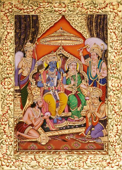 Ram Darbar in Miniaturmalerei auf Papier mit Goldprägung von School Indian