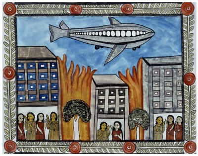 Die Geschichte der Anschläge vom 11. September 2001 erzählt von den Baul-Händlern aus Bengalen. Malerei, Serie, Nummer 6/9, Bengalen. von School Indian