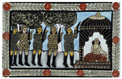 Die Geschichte der Anschläge vom 11. September 2001 erzählt von den Händlern Baul aus Bengalen. Malerei, Serie, Nummer 2/9, Bengalen. von School Indian