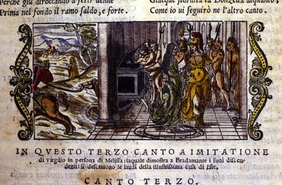 Bradamante trifft den Zauberer Melisse, der ihr erzählt, dass sie und Roger die Este-Dynastie gründeten. Szene aus dem Rittergedicht „Orlando Furioso“ (Der rasende Roland) von Ludovico Ariosto (1474 - 1533), Gesang III von School Italian