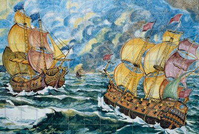 Keramiktafel, die zwei Segelschiffe darstellt, Produktion von Vietri sul Mare, Detail von School Italian
