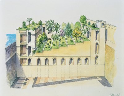 Palast von Nebukadnezar, Babylon, mit hängenden Gärten von School Italian