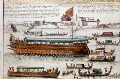 Ansicht der Lagune von Venedig und des Bucentaur. Am Himmelfahrtstag überquerte der Doge die Lagune von Venedig, um die Mündung des offenen Meeres an Bord eines Schiffes namens Bucentaur zu erreichen. Gravur. Venedig, Museo Correr von School Italian