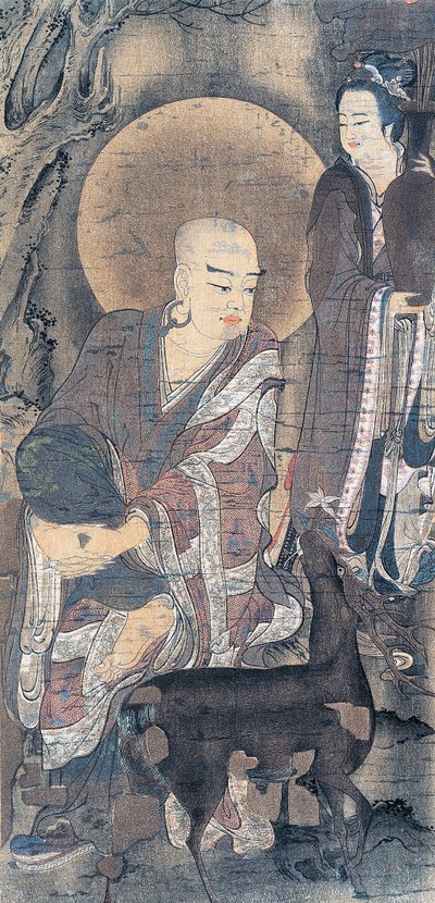 Religiöses Gemälde, das einen jungen Mönch mit einer Hirschkuh darstellt, Gemälde auf Seide, japanische Zivilisation, Heian-Periode, 794-1185 von School Japanese