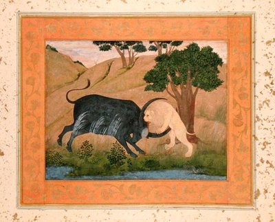Löwe im Kampf mit einem Wasserbüffel, aus dem Großen Clive-Album von School Mughal