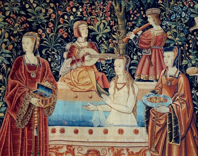 Vorhang des Herrschaftslebens: das Bad. Detail. Woll- und Seidentapisserie um 1520 in den Niederlanden hergestellt. von School Netherlandish