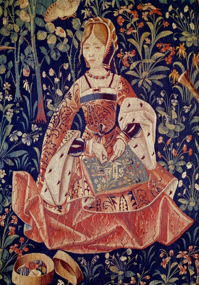 Wandteppich des seigneurialen Lebens: Stickerei, Detail, Woll- und Seidentapisserie um 1520 in den Niederlanden gefertigt von School Netherlandish