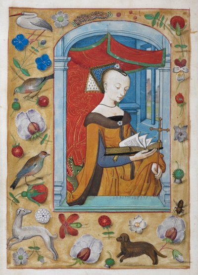 Kings 9, f.62v Empfehlung an St. Margareta. Die Heilige, mit einem Kreuz in der linken Hand, steht lesend unter einem Baldachin, mit einem Drachen hinter ihr. Ränder mit Trompe-l
