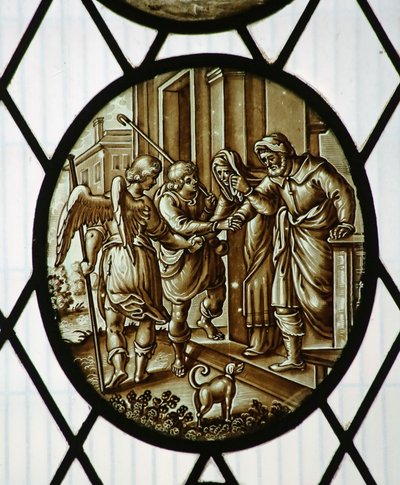 Rundel: Tobias zieht mit dem Engel los, wahrscheinlich 19. Jahrhundert (Buntglas) von School Netherlandish