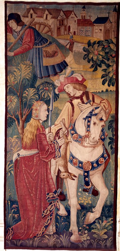 Die Rückkehr von der Jagd. Ein Gentleman bietet einer jungen Dame Wild an. Tapisserie aus den Niederlanden von School Netherlandish