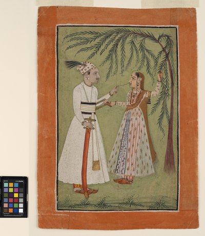 Ein Herrscher zieht an einer Haarsträhne einer Dame, die sich an einem Baum festhält, um 1705 von School Pahari