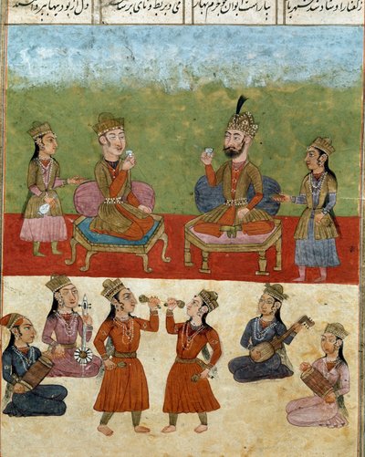 Islamische Kunst: Konzert und Unterhaltung in einem Harem. Persische Miniatur aus einem Manuskript des Epos 