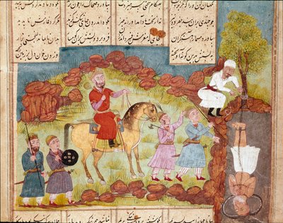 Islamische Kunst: Folterszene eines Feindes, lebendig begraben am Fuße eines Baumes. Persische Miniatur aus einem Manuskript des epischen Gedichts 