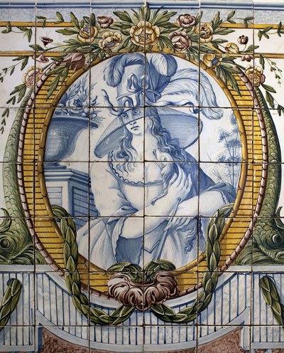 Ornamentales Panel mit einem Porträt einer Frau, Königliche Fabrik von Louca, a Rato, polychrome Fayence von School Portuguese