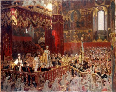 Krönung von Nikolaus II. im Jahr 1896 in der Uspenski-Kathedrale in Moskau von School Russian