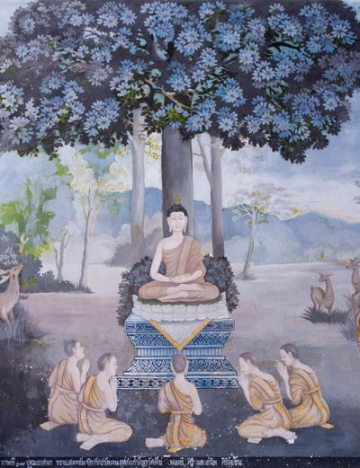 Fresko, das eine Szene aus dem Leben Buddhas darstellt, Wat Phra That Doi Suthep Tempel von School Thai
